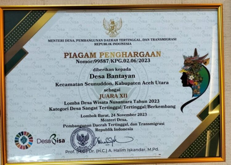 Satu-satunya dari Aceh, Gampong Bantayan Terima Penghargaan Mendes PDTT sebagai Desa Wisata Nusantara 2023