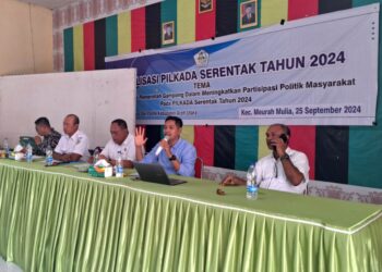 Sosialisasi Pilkada Serentak Tahun 2024 yang digelar Kesbangpol Aceh Utara di Kecamatan Meurah Mulia, Kamis (26/9/2024).