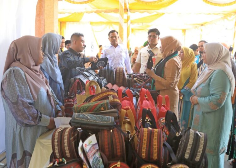 Penjabat Ketua Dekranasda Aceh Ny Safriati Safrizal SSi MSi, melihat aneka produk karya perajin dalam rangka Penilaian Desa Kerajinan di Gampong Meunasah Aron Bungkaih, Muara Batu, Aceh Utara, Kamis (24/10/2024).