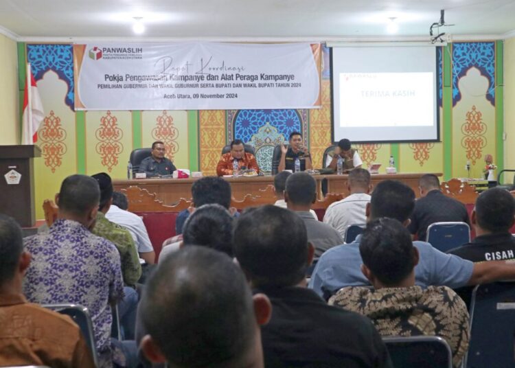 Rakor Pengawasan Kampanye Pilkada yang digelar Panwaslih Aceh Utara di aula kantor Badan Kesbangpol Aceh Utara, Lhoksukon, Sabtu (10/11/2024). Foto: IAU.Com/Abel Pasai