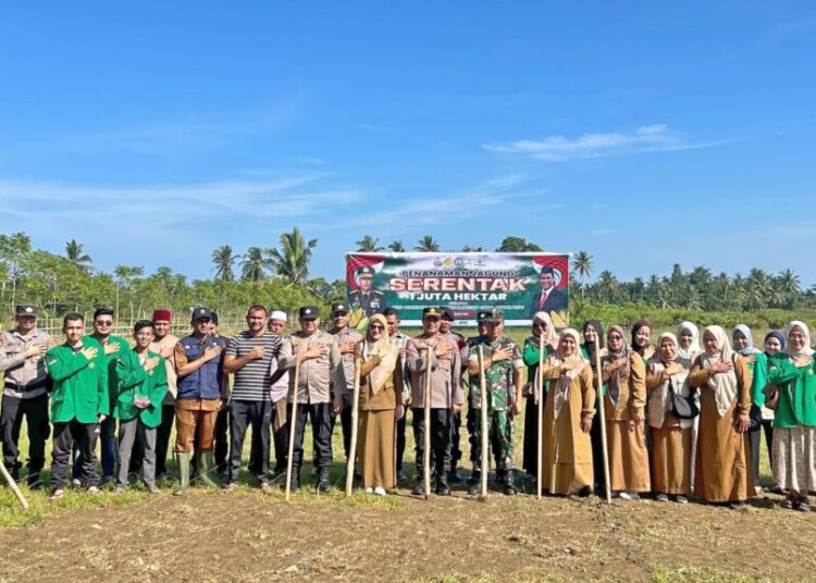 Mahasiswa KKN PPM Unimal turut serta dalam program Penanaman Jagung Serentak 1 Juta Hektare di Gampong Keutapang, Kecamatan Syamtalira Aron, Aceh Utara. Foto: For Infoacehutara.com