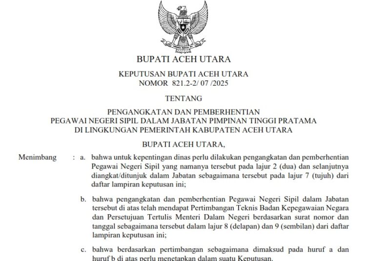 Disetujui Mendagri, Pj Bupati Aceh Utara Lantik Delapan Pejabat Eselon II, Ini Nama-namanya
