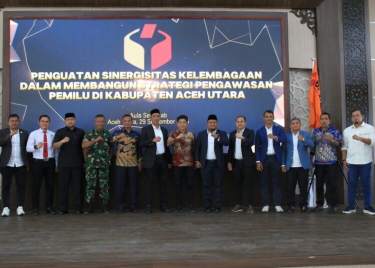 Kegiatan Penguatan Sinergisitas Kelembagaan dalam Strategi Pengawasan Pemilu yang digelar Bawaslu Kabupaten Aceh Utara di Aula Setdakab, Kantor Bupati Aceh Utara, Lhoksukon, Senin (29/9/2025)