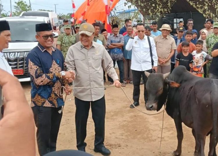 Menko Polkam Djamari Chaniago menyerahkan bantuan sapi meugang untuk warga di sela-sela peresmian 104 unit hunian tetap (huntap) bagi korban bencana hidrometeorologi di Gampong Kuala Cangkoi, Aceh Utara