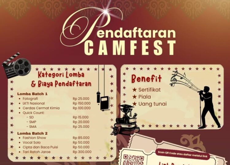 HMK Politeknik Negeri Lhokseumawe (PNL) resmi menggelar Chemical Art & Market Festival (CAMFEST) I 2026. Ajang nasional ini terbuka bagi pelajar SD hingga mahasiswa dengan total hadiah jutaan rupiah. Pendaftaran dibuka 28 September - 9 Oktober 2026