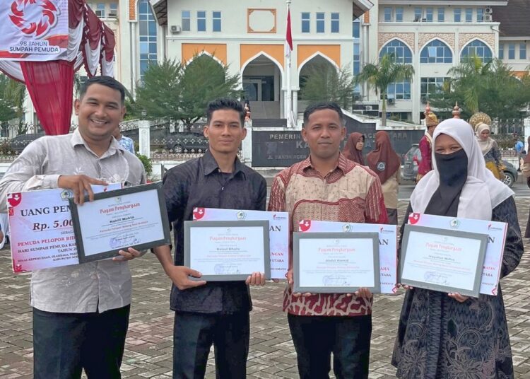 Empat pemuda inspiratif Aceh Utara resmi dinobatkan sebagai Pemuda Pelopor 2026 oleh Disporaparekraf Aceh Utara di HUT Sumpah Pemuda ke-98